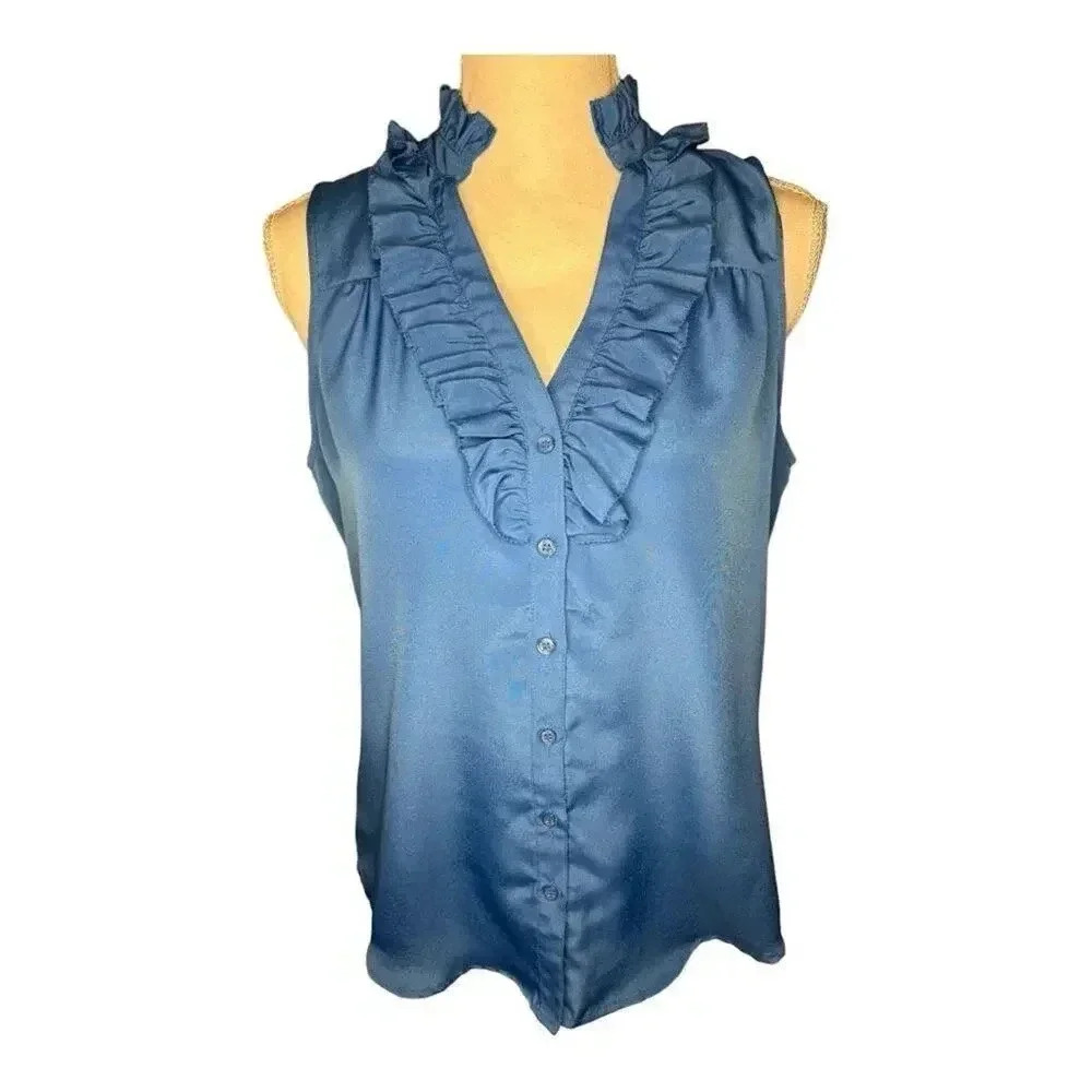 New York & Company Women’s Small Blue Ruffled V-Neck Button Front Sleeveless Top
